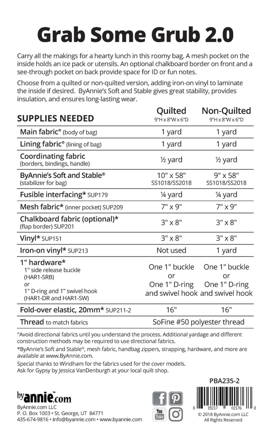 Supply list for ByAnnie Grab Some Grub 2.0 PBA235-2 lunch bag sewing pattern
