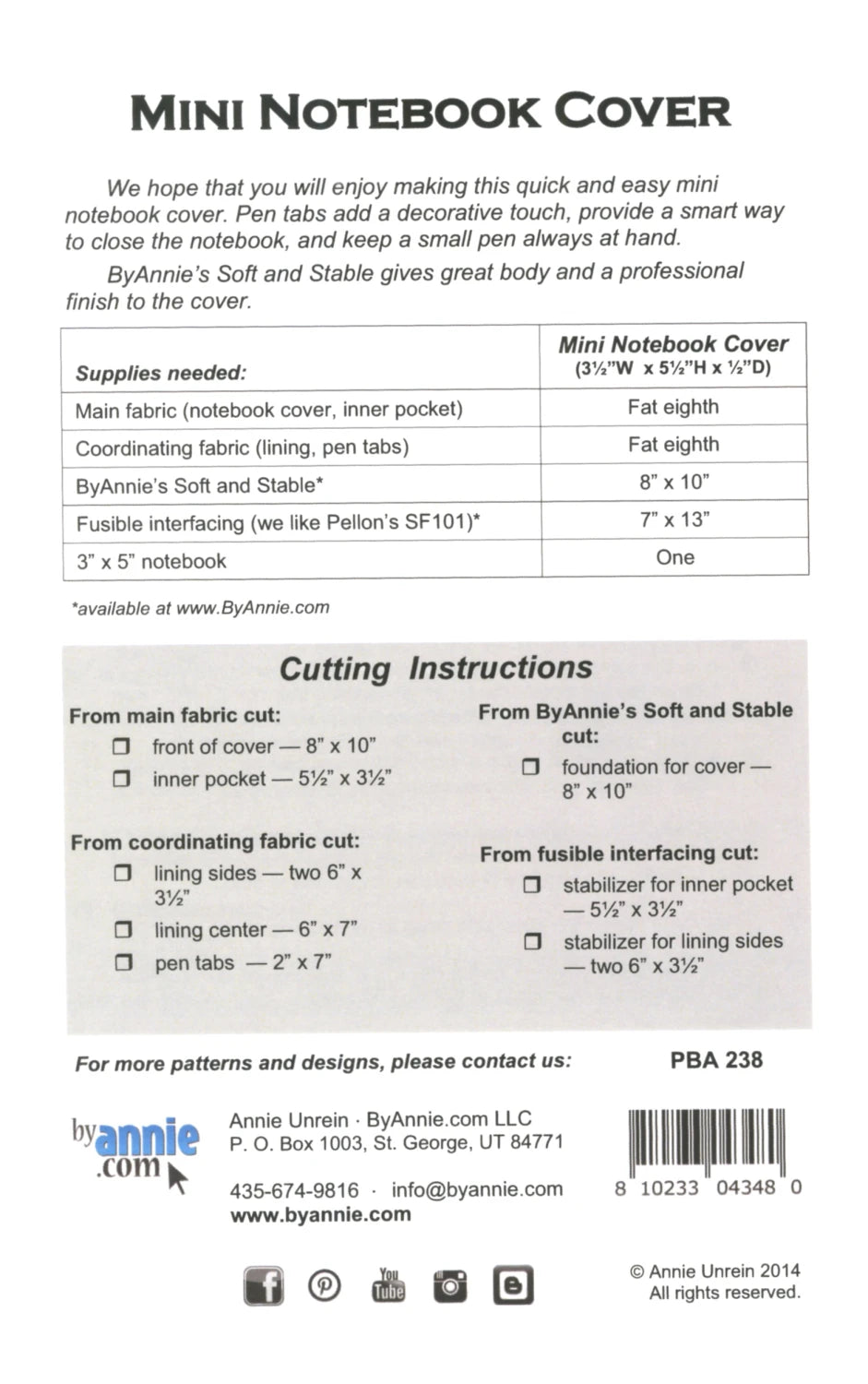 ByAnnie™ Mini Notebook Cover Pattern (PBA238)