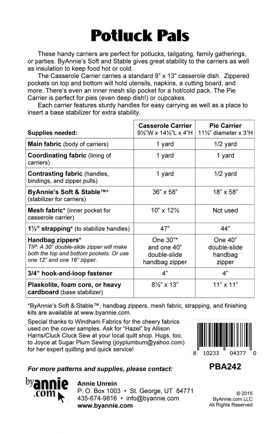 Supplies list for ByAnnie Potluck Pals PBA242 casserole and pie carrier sewing pattern