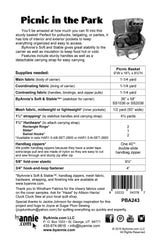 ByAnnie Picnic in the Park PBA243 insulated basket sewing pattern back showing fabric and supplies requrements.