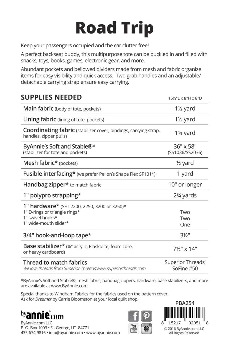 Supplies list for ByAnnie Road Trip PBA254 car and travel organizer sewing pattern