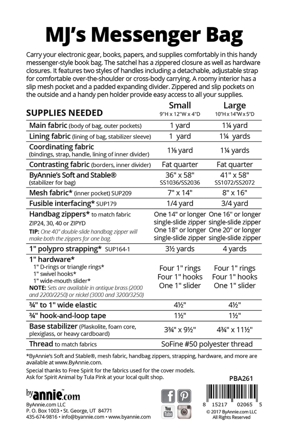 Supply list for ByAnnie MJ’s Messenger Bag PBA261 sewing pattern