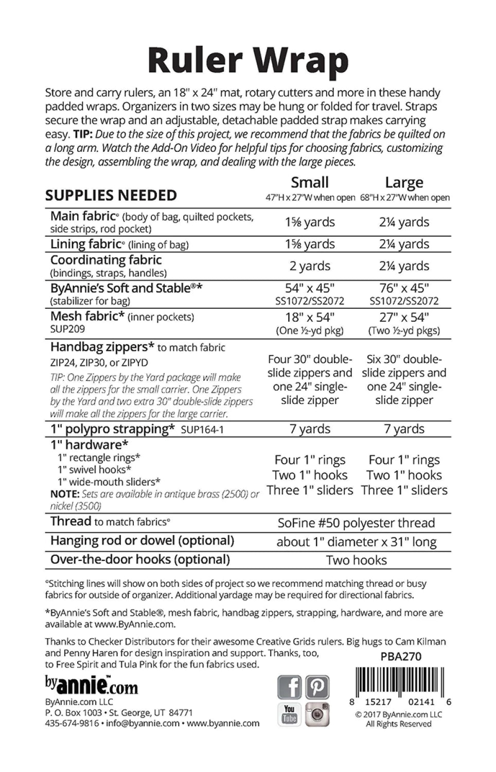 Supplies list for ByAnnie Ruler Wrap PBA270 quilting ruler and cutting mat organizer sewing pattern