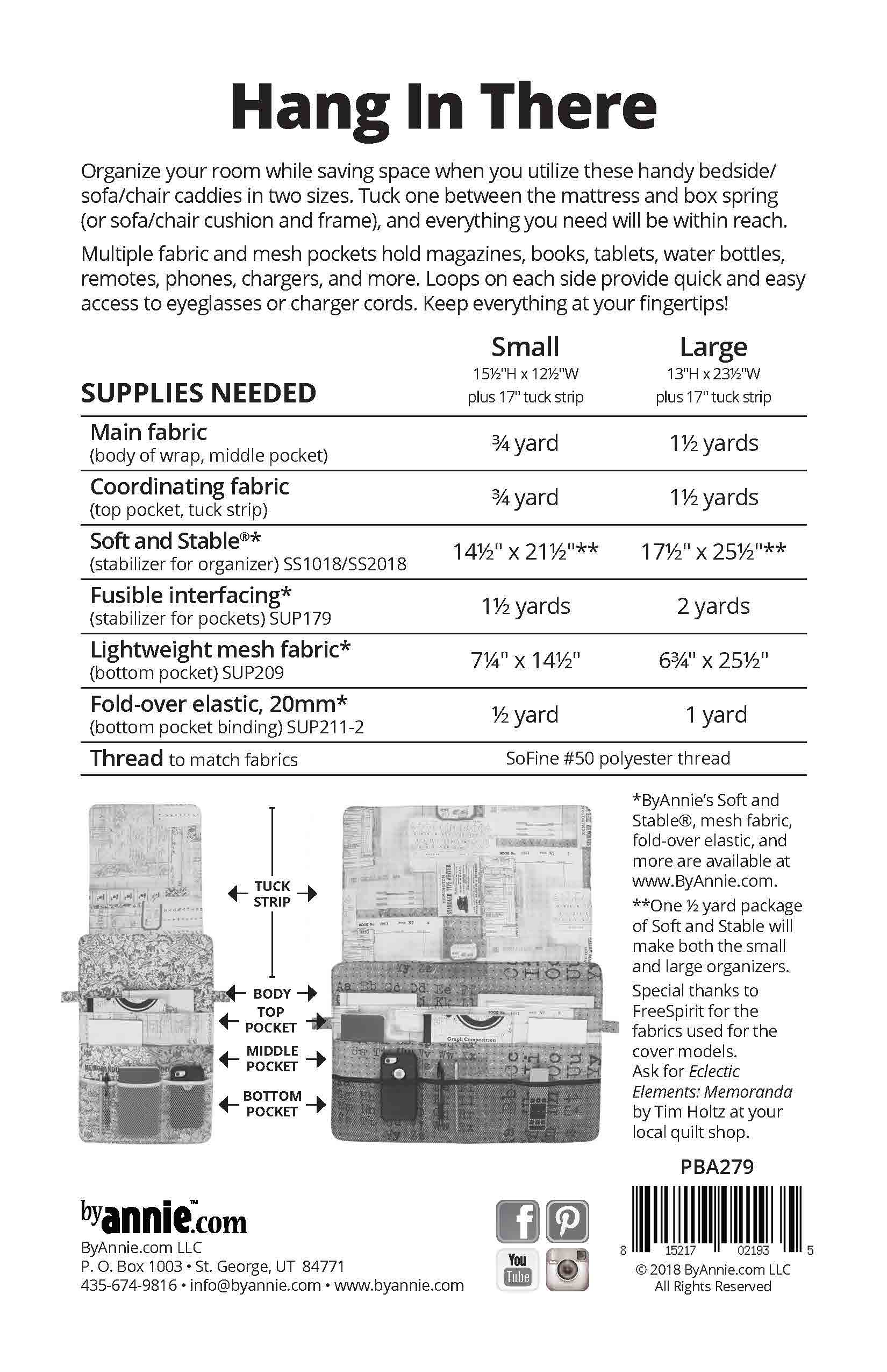 Supply list for ByAnnie Hang In There PBA279 bedside chair organizer sewing pattern