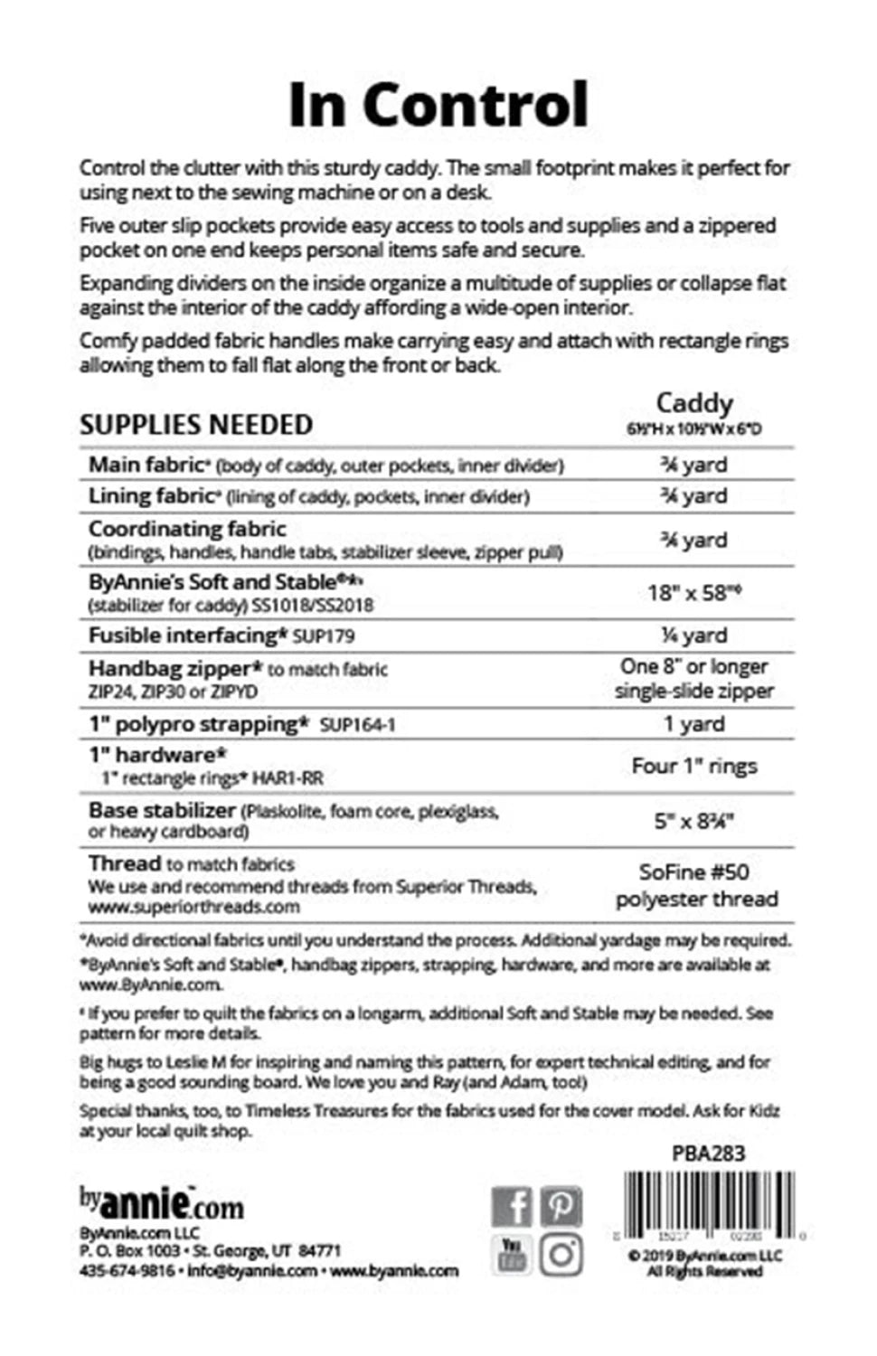 Supply list for ByAnnie In Control PBA283 caddy organizer sewing pattern