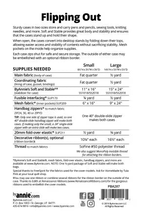 Back cover of the ByAnnie 'Flipping Out' sewing pattern, displaying fabric and supplies needed to complete the project.