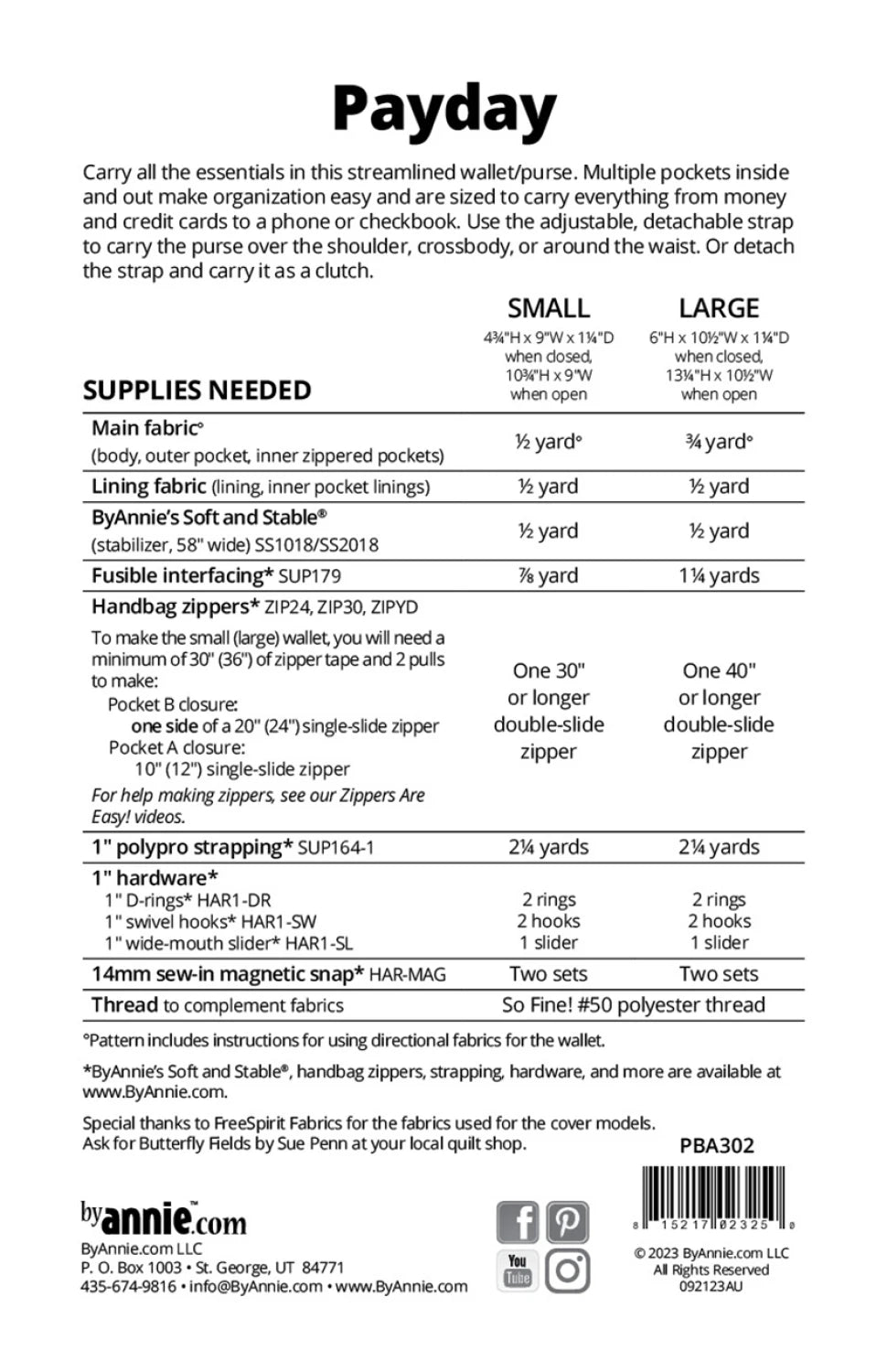 Supply list for ByAnnie Payday PBA302 wallet purse sewing pattern