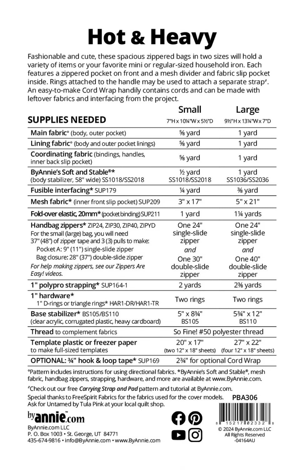 Supply list for ByAnnie Hot & Heavy PBA306 iron carrier sewing pattern