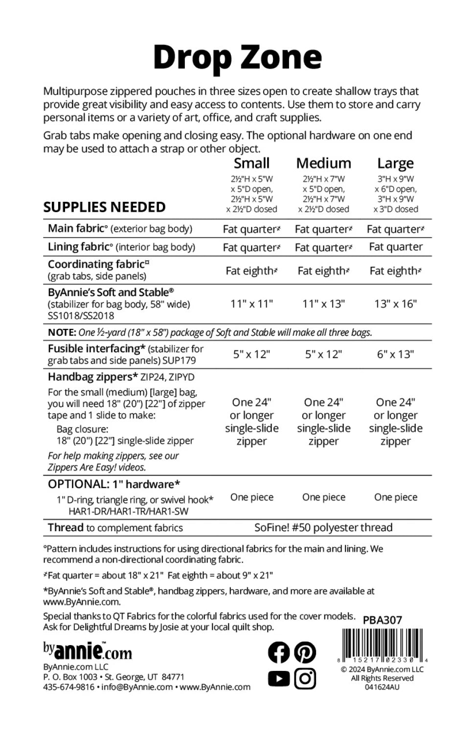 Supply list for ByAnnie Drop Zone PBA307 zippered tray pouch sewing pattern