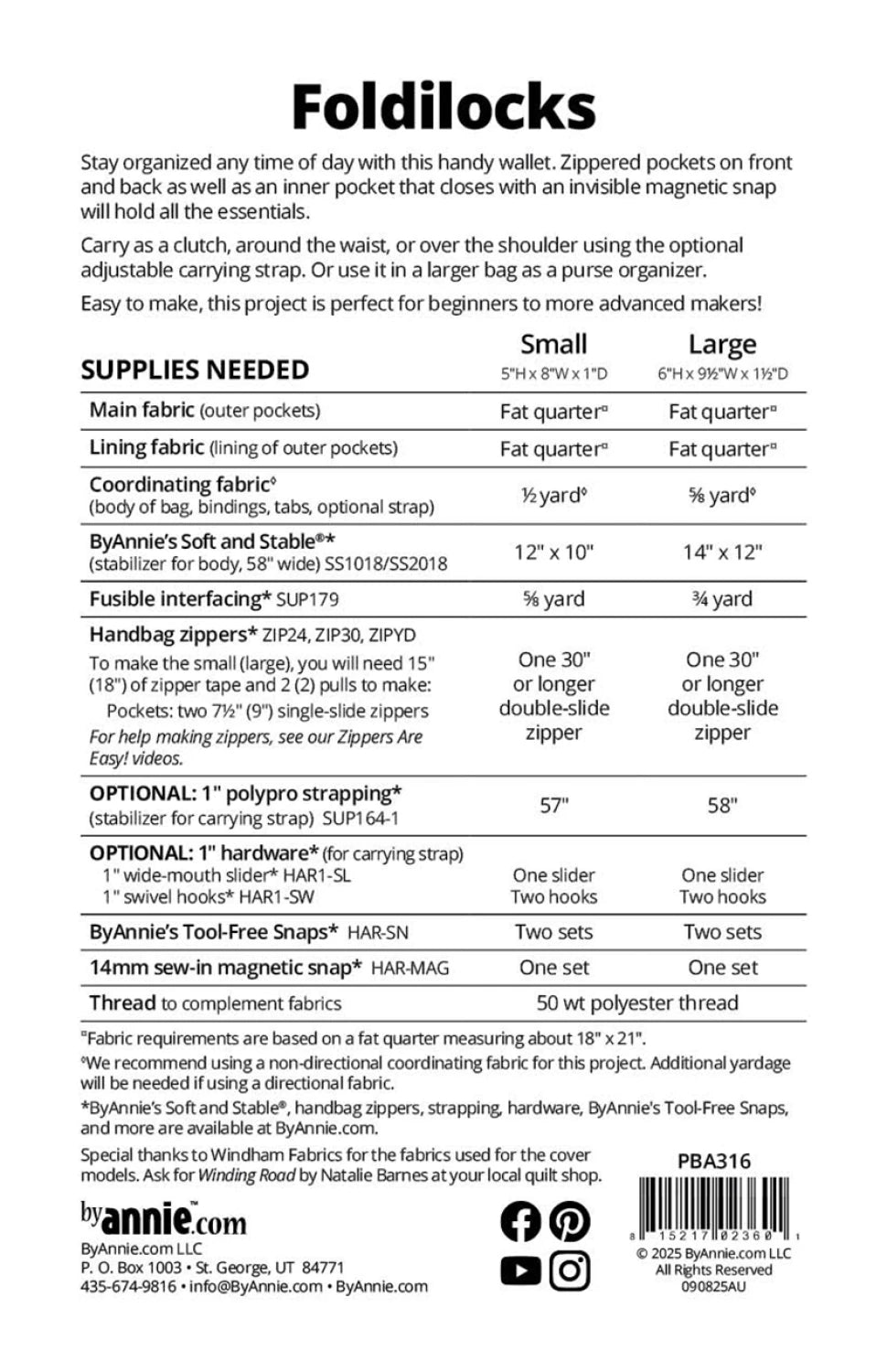 Supply list for ByAnnie Foldilocks PBA316 wallet sewing pattern
