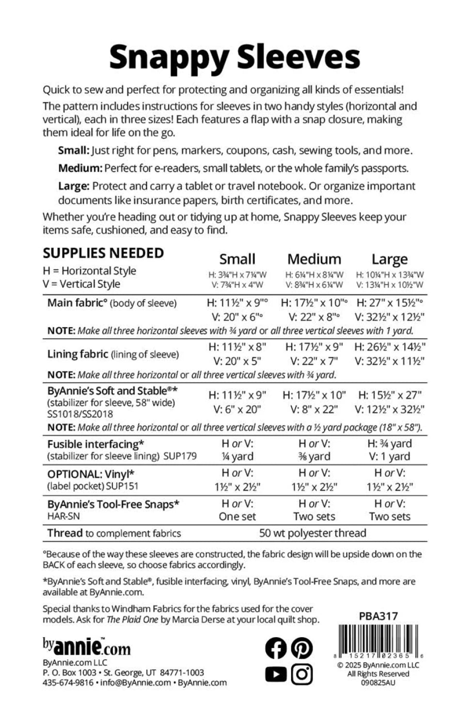 Supplies list for ByAnnie Snappy Sleeves PBA317 padded organizer sewing pattern in horizontal and vertical styles