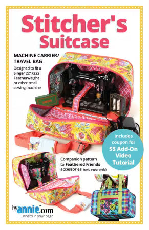 Front cover of the ByAnnie 'Stitcher's Suitcase' sewing pattern, showcasing a sturdy, rectangular quilted fabric travel bag with a wide-open zippered top revealing a vintage Singer Featherweight sewing machine tucked inside.
