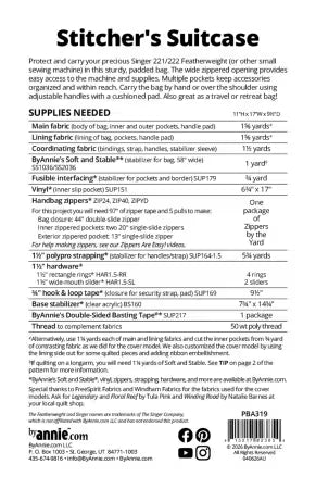 Back cover of the ByAnnie 'Stitcher's Suitcase' sewing pattern, which lists fabric requirements and supplies needed to complete the pattern project.