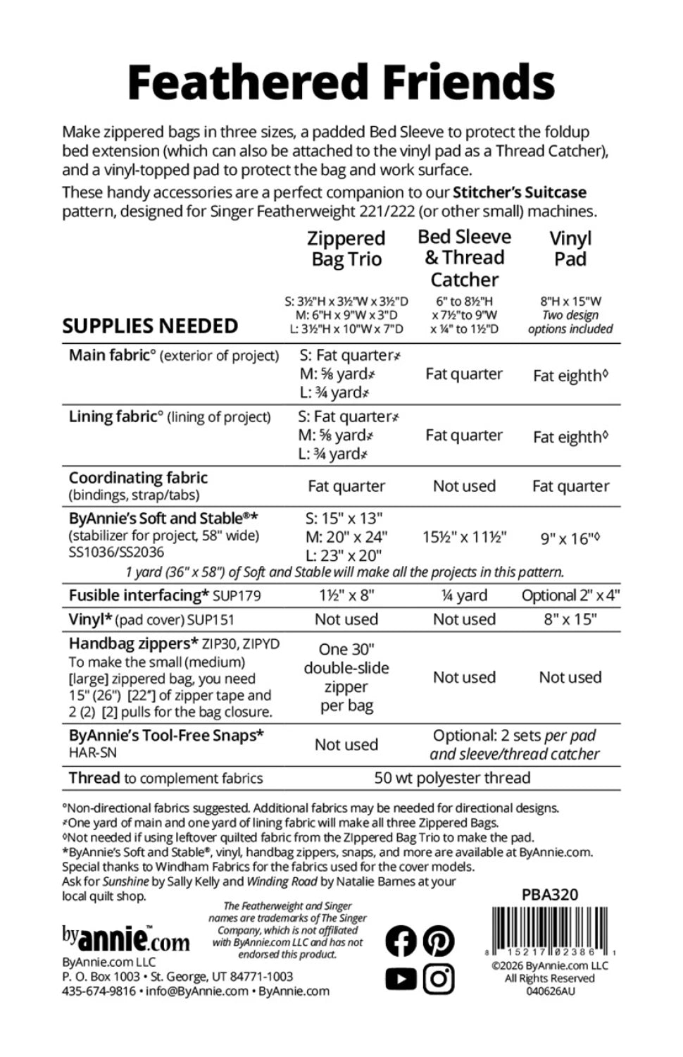 ByAnnie™ Feathered Friends Sewing Machine Accessories Pattern (PBA320)