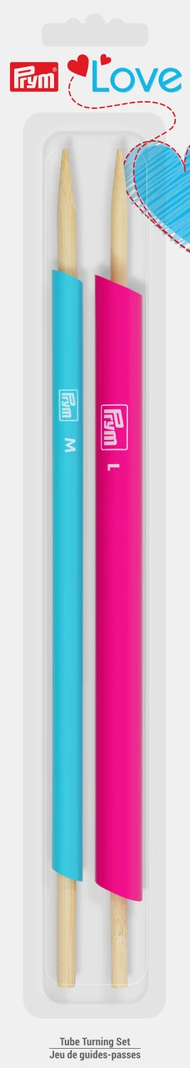 Prym Love Tube Turning Set PL60106 medium and large fabric tube turning tools in package.