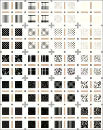 A modern quilt design featuring a black, white, and tan plaid grid with small gray plus signs at the intersections, using various patterned fabrics like stripes and florals.