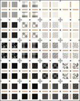 A modern quilt design featuring a black, white, and tan plaid grid with small gray plus signs at the intersections, using various patterned fabrics like stripes and florals.