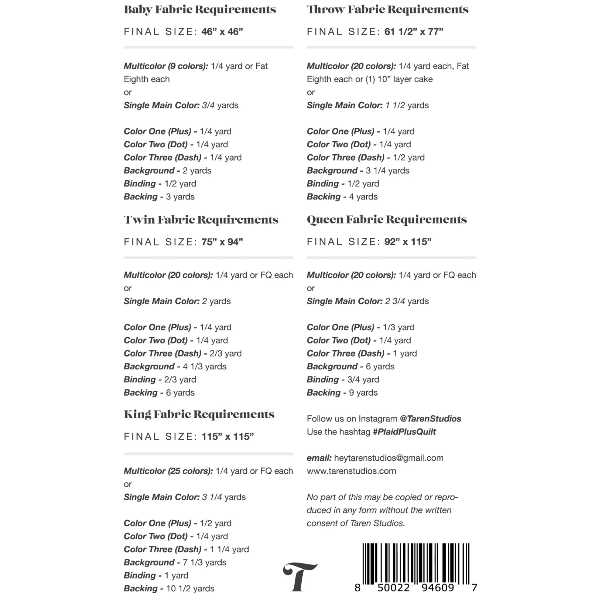 Fabric requirements chart for different quilt sizes with text and a barcode on a white background for Plaid Plus Quilt Pattern.