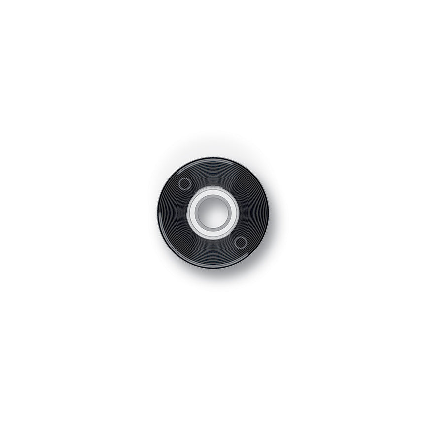 High-density Black Confetti Cotton prewound bobbins in a 12-count pack, featuring deep black 100% Egyptian cotton thread for professional garment sewing and embroidery.