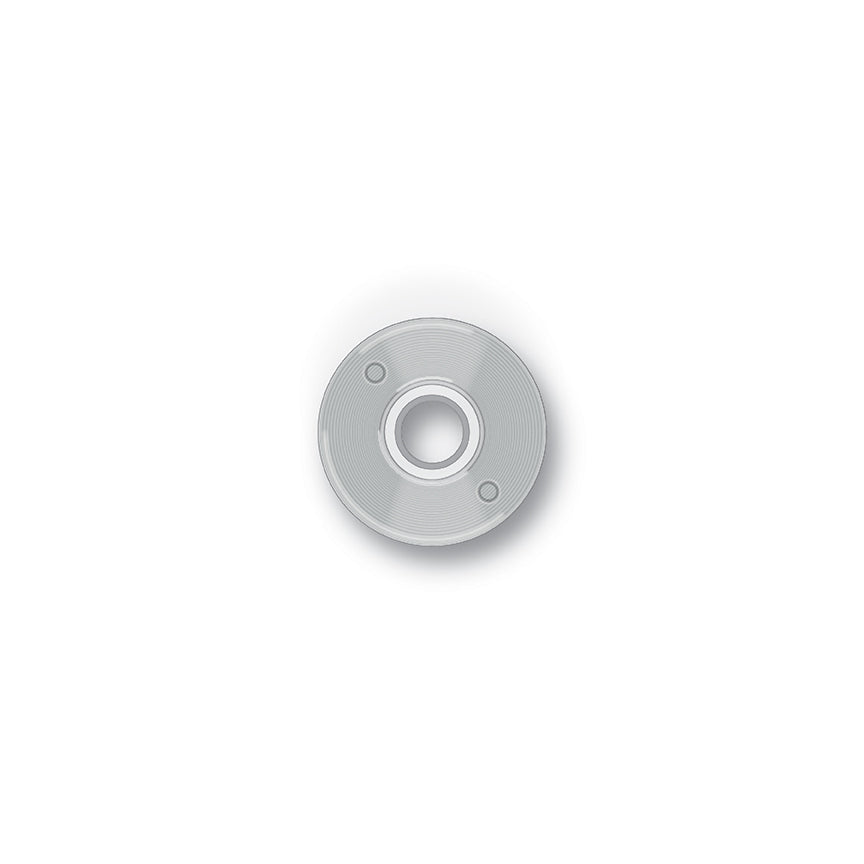 A pack of 12 Silver Confetti Cotton prewound bobbins, highlighting the subtle sheen of the light gray cotton thread on reusable plastic bobbins.