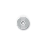 A pack of 12 Silver Confetti Cotton prewound bobbins, highlighting the subtle sheen of the light gray cotton thread on reusable plastic bobbins.