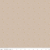 Riley Blake Sparkle Beach fabric featuring metallic gold plus signs of various sizes scattered on a sandy beige background with a ruler at the bottom for scale.