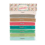 Pack of 8 zippers in Lori Holt's fun colors that coordinate with her Farmer's Daughter fabric collection.