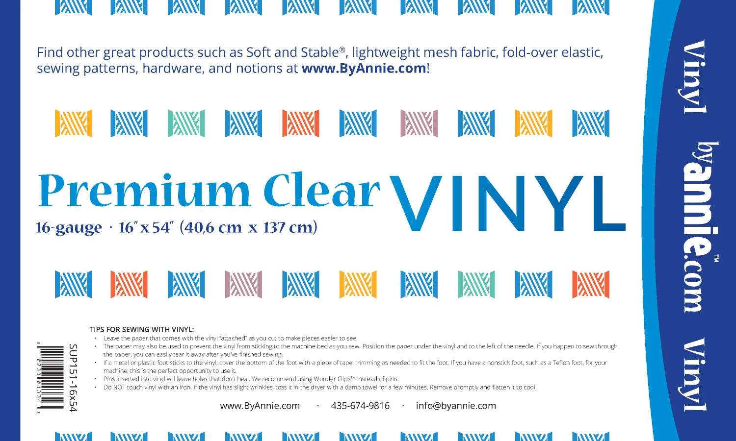 ByAnnie Premium Clear Vinyl 16" x 54" Roll | Flexible, Sewable Clear Vinyl | SUP151-16X54