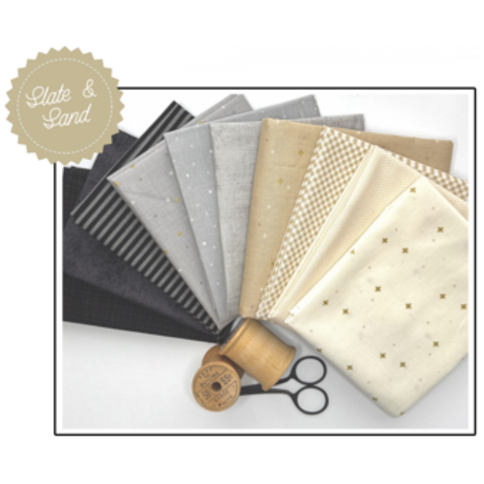 Collection of Riley Blake Designs fabric swatches from their curated Slate & Sand bundle.