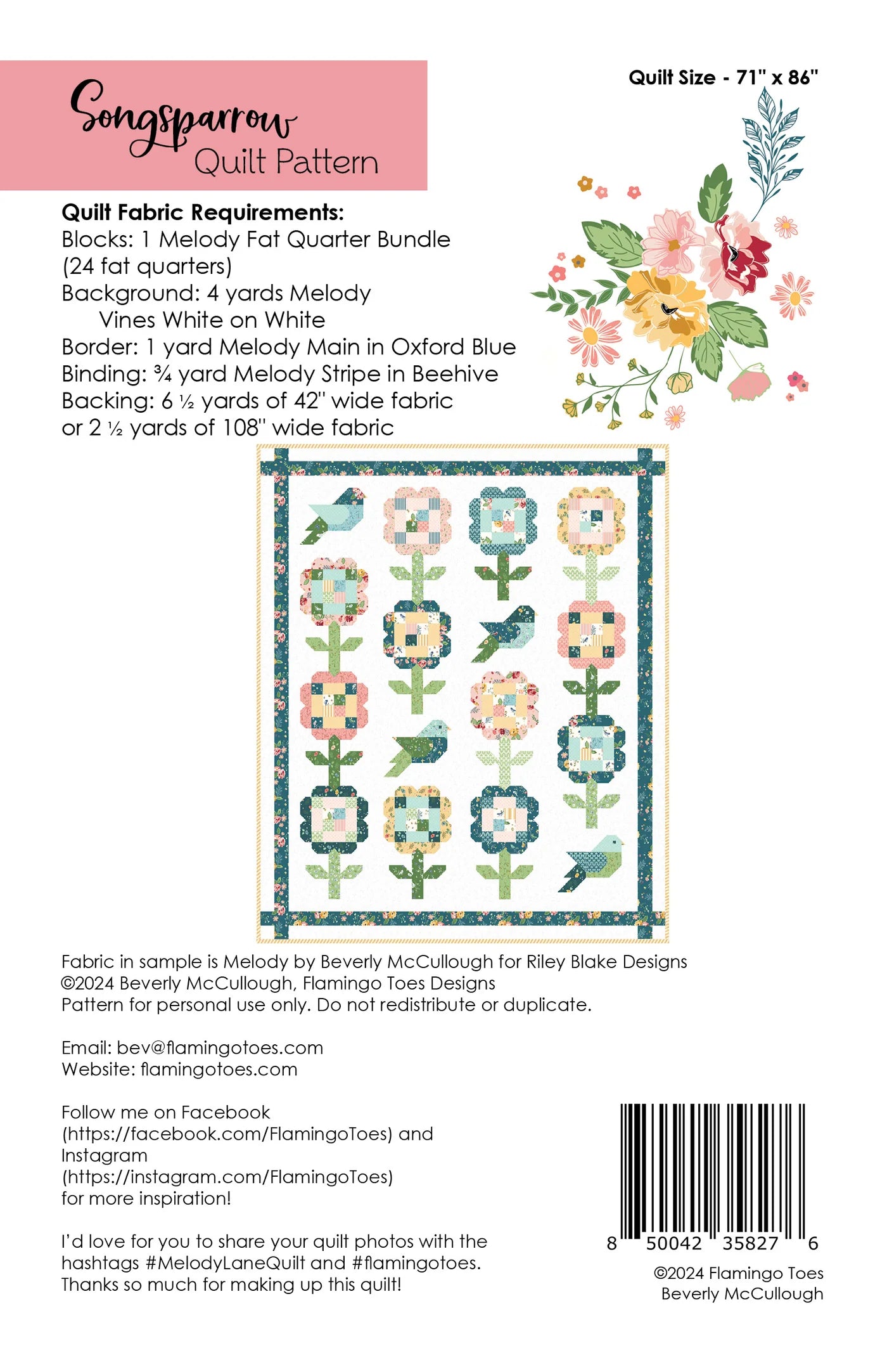 Songsparrow Quilt Pattern by Beverly McCullough for Flamingo Toes