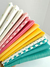 Fabric bundle featuring Riley Blake Designs Basics in a palette of teal, yellow, pink, and white prints including checkers, stripes, and dots