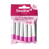 Sewline FAB50063 Fabric Glue Pen blue refills 6 pack for quilting and sewing in packaging.