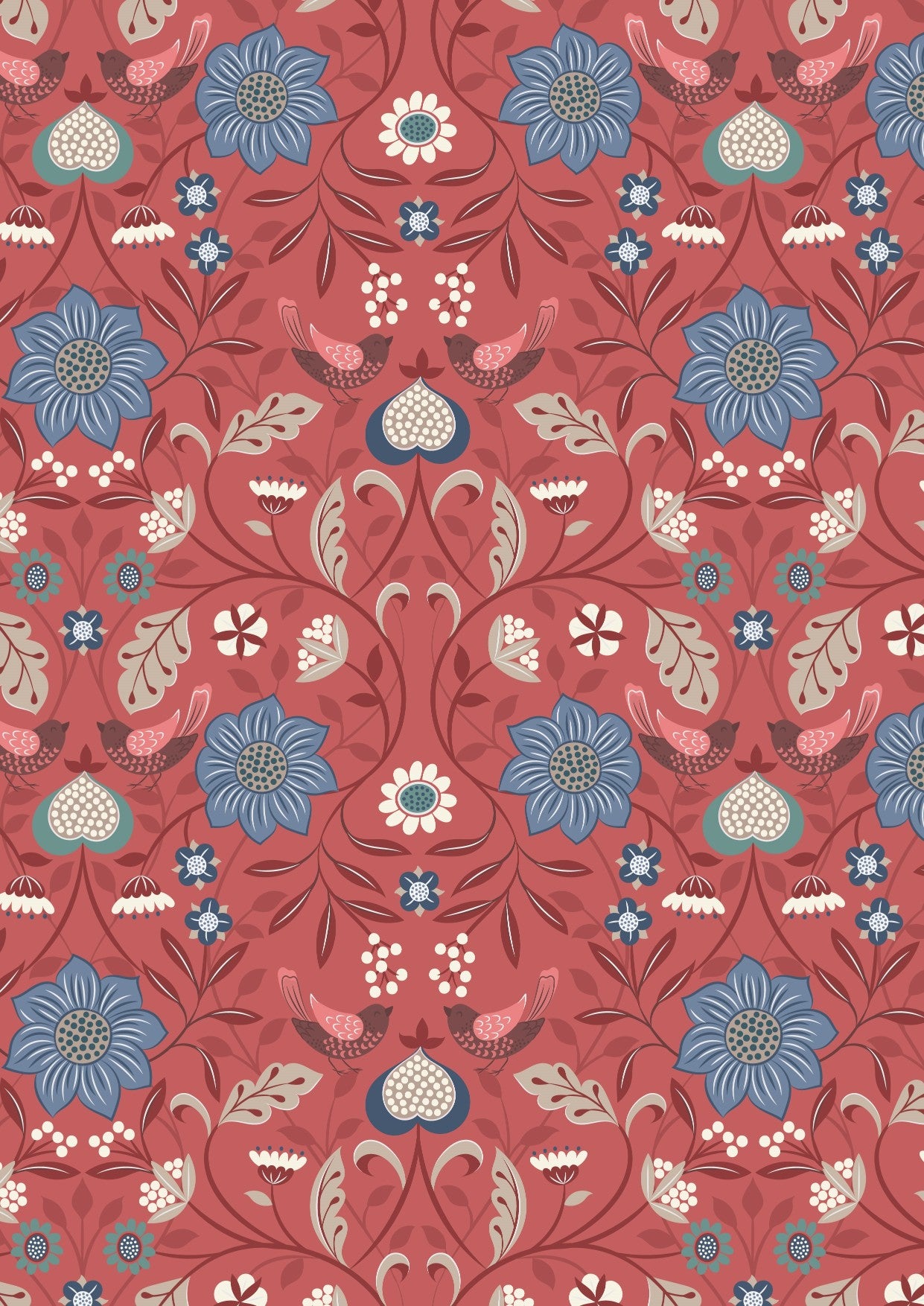 Lewis & Irene Michaelmas--Little Bird Floral on Soft Red