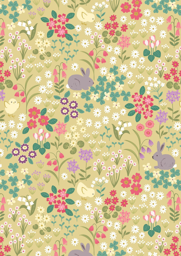 Lewis & Irene Bunny Hop--Bunny Chick Floral on Spring Yellow