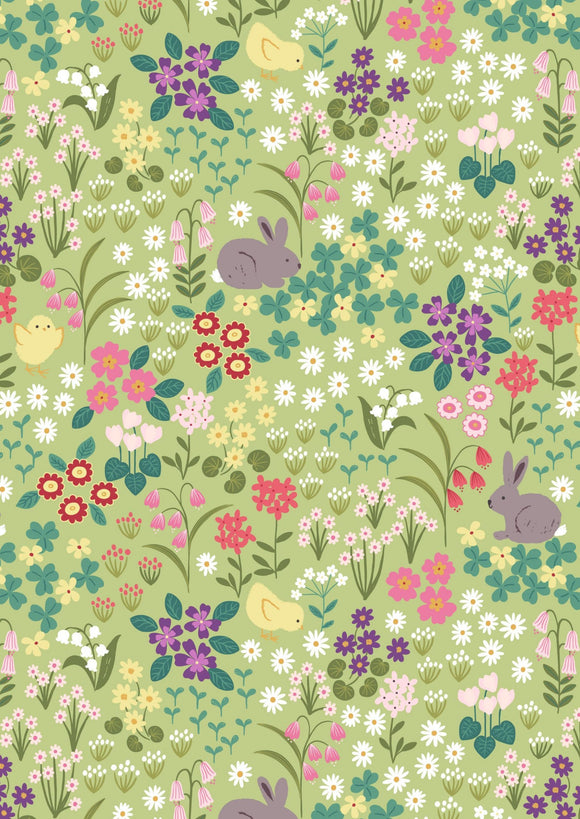 Lewis & Irene Bunny Hop--Bunny Chick Floral on Spring Green