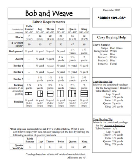 Cozy Quilt Designs Bob And Weave Pattern <BR> Click for fabric requirements